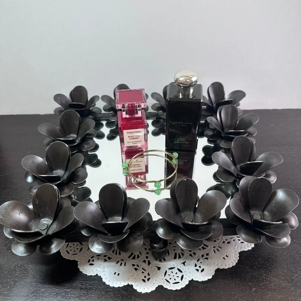 Vintage Brutalist Black Metal Floral Square Mirror Vanity Tray 11.5